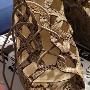 BAMBOO Snake-Print Lace-Up Heels in Beige Taupe